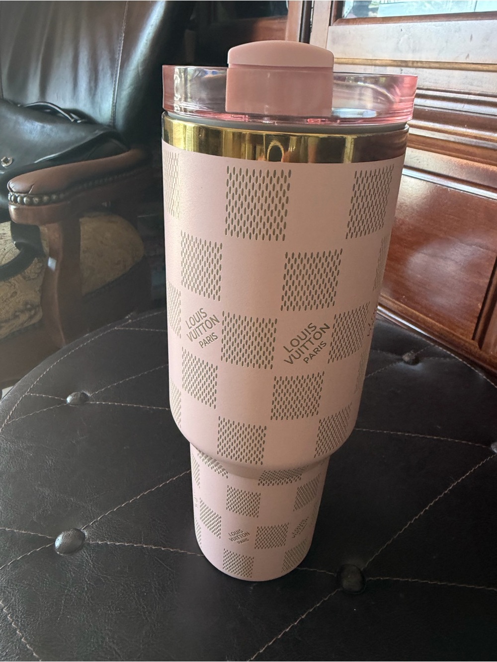 Stanley Pink and Gold LV Checkered Travel Mug with Handle - Picture 3 of 3